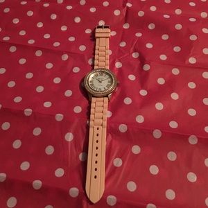 Coral rubber band gold face Roman numeral watch