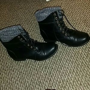 leather boots with gray cloth like top