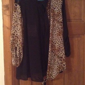 Half cheetah print half black tie up shirt