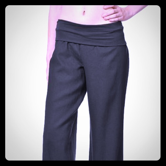 Fold Over Waist Black Linen Pants