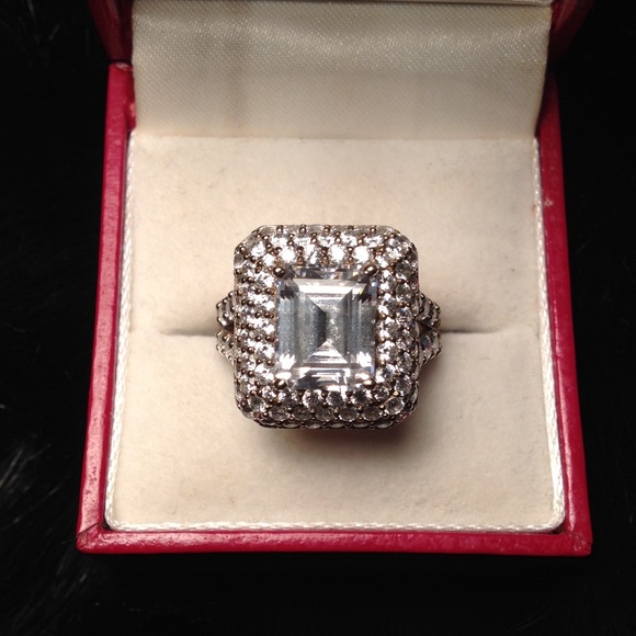 Emerald cut CZ center stone w/ 3 row halo on 925