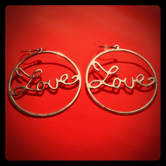Cute silver tone round Love hook dangle earrings