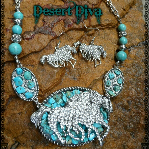 Jewelry - Crystal Pave Running Horse Necklace Set