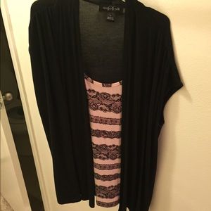 Pink lace, black short sleeved blouse