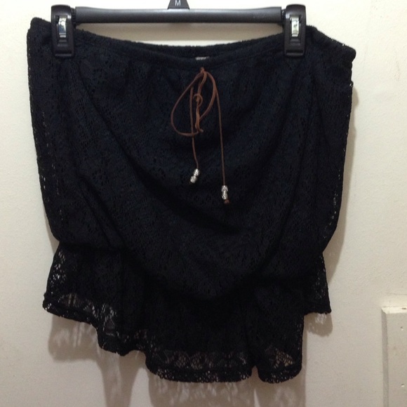 Strapless, black lace crop top with suede bow