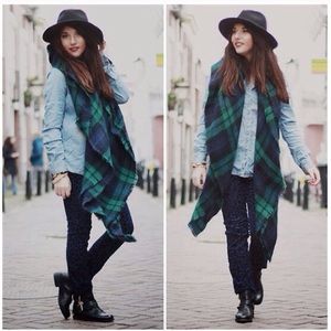 ZARA Style Navy Blue Tartan Plaid Blanket Scarf