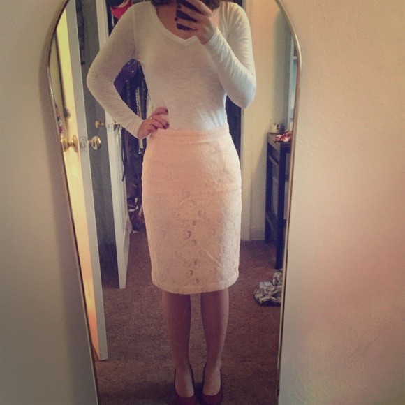 Blush pink lace pencil skirt