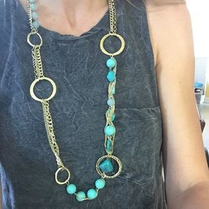 Teal & Gold Long Layered Necklace