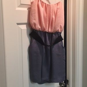 Strapless Peach and Grey Belted Dress
