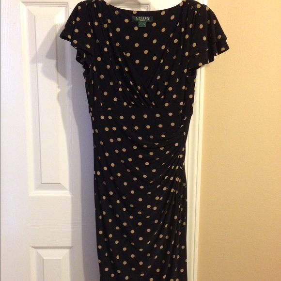 Navy and Creme polka dot wrap dress