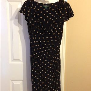 Navy and Creme polka dot wrap dress