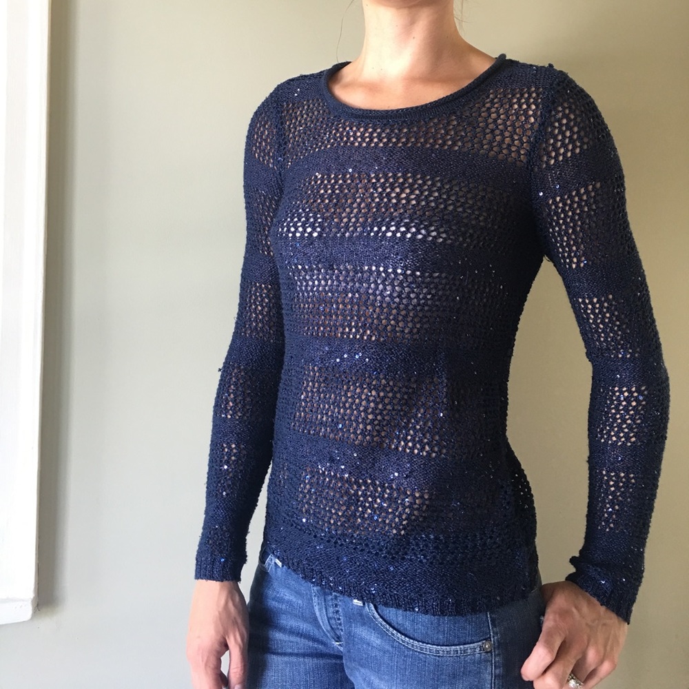 NWOT I•N•C navy blue partial sequin top