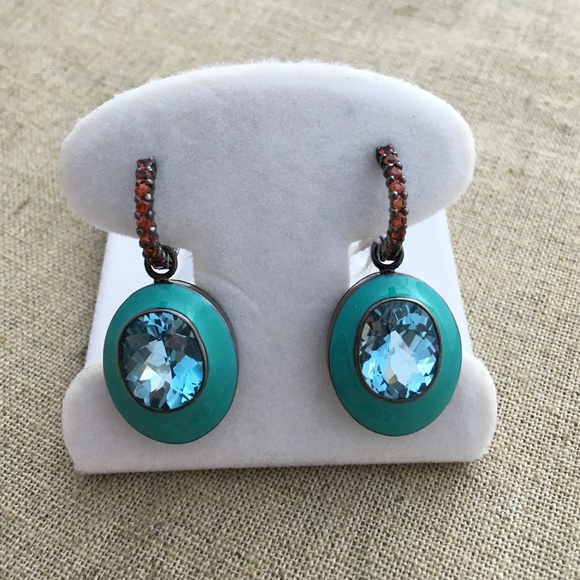 Ble Topaz Enamel Earrings w/ Orange Sapphire.