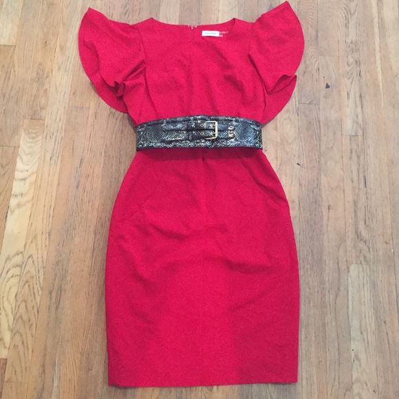 Calvin Klein Red Flutter Sleeve Belted Dress - Picture 2 of 4