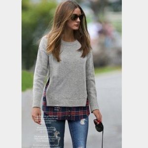 sweater with plaid shirt underneath