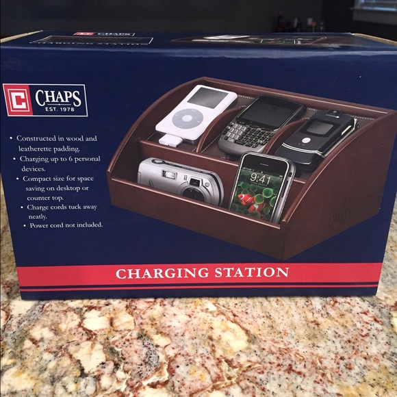 Chaps wood and leather charging station.