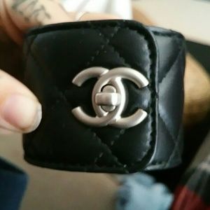 CHANEL Black Quilted Leather CC Turnlock Med Cuff