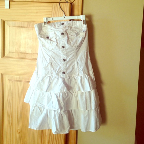 White Ruffled pleated strapless dress