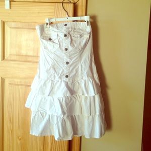 White Ruffled pleated strapless dress