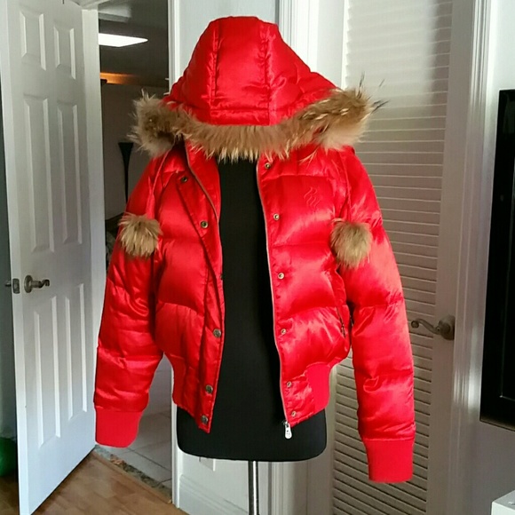 ROCAWEAR RED WINTER HODDED FUR JACKET MEDIUM