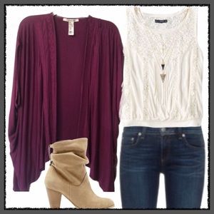 Plum purple open front knit w/ lace cardigan