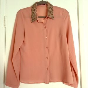 Long sleeve button blouse w/ beaded collar. Size M