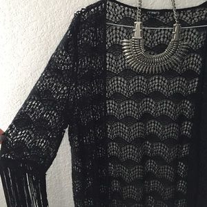 Long knit kimono with fringe detail