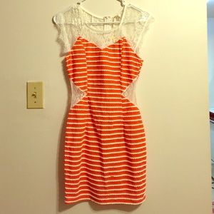 Orange Detailed Dress with Lace Top & Side Cutouts