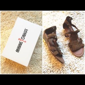 Suede fringe wedge sandals