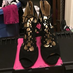 Black low platform strappy heels