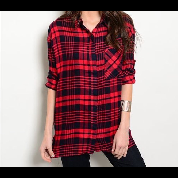 Boutique Tops - Loose Fitting Blue and Red Plaid Button Up Shirt