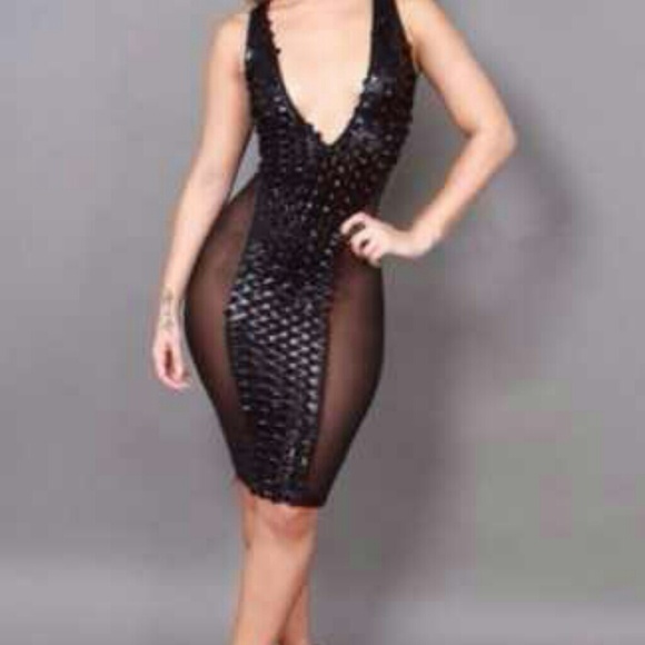 Black Bodycon Womens Mesh Faux Leather V Low Cut C