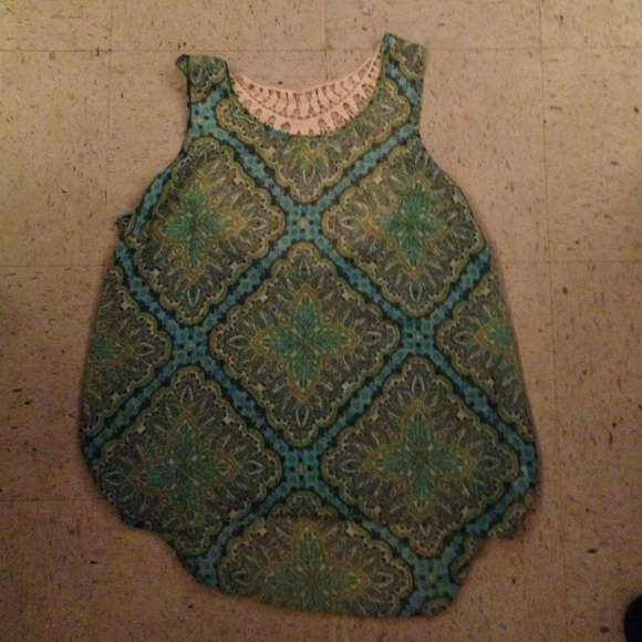 Green and blue chiffon tank top with a lace back