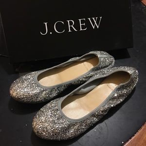 J. Crew Lula Glitter Ballet Flats Metallic Silver