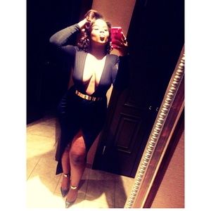 Black deep plunge and high slit dress