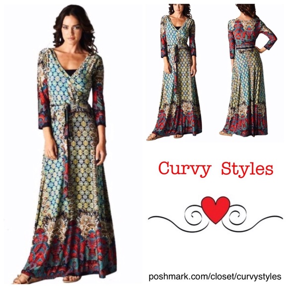 Bohemian Moroccan Faux Wrap Maxi Dress Maxi New - Picture 3 of 3