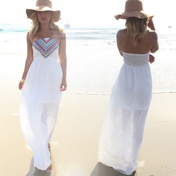 White maxi dress with aztec print bodice