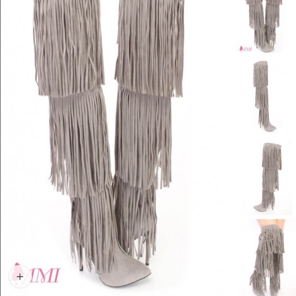 Gray knee high fringe boots