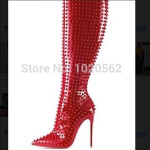 Knee High Red Spiked Stiletto Boots