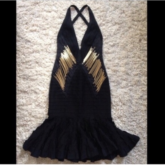 Herve Lerger Black Dress w/gold metallic accents