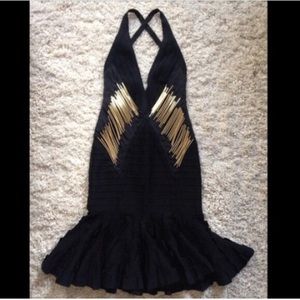 Herve Lerger Black Dress w/gold metallic accents