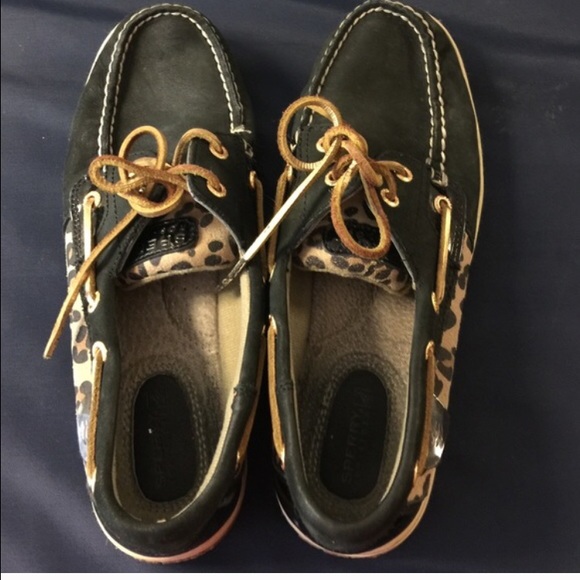 Sperrys.  Black with leopard print.
