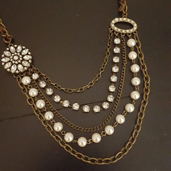 Multistrand Gold, Pearl, Rhinestone Necklace