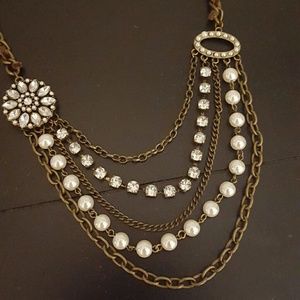 Multistrand Gold, Pearl, Rhinestone Necklace