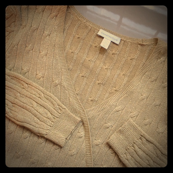 Gold faux wrap knit sweater.