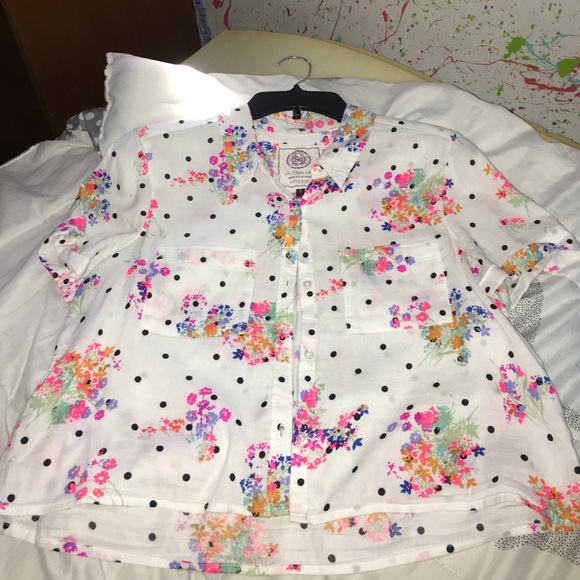 White polka dot and floral button up. Camp Shirt - Picture 1 of 2