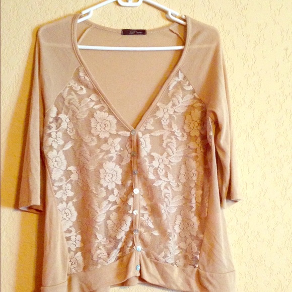 Lightweight tan cardigan with lacy button up front