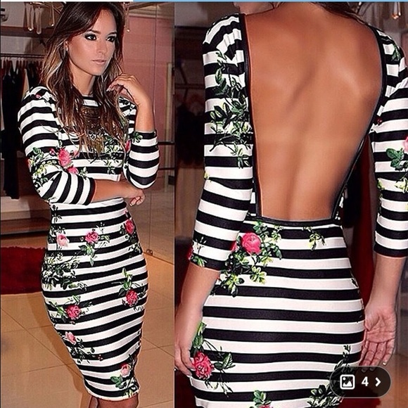 Open Back Stripe Floral Party Dress