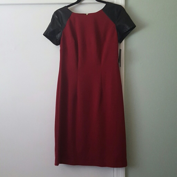 Sweater dress - Red with Black leatherette sleeves