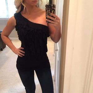 One shoulder black fringy top